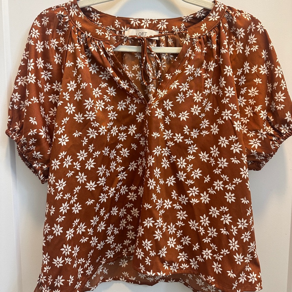 LOFT Brown Popover Floral Tie-Front Blouse Size XS Petite